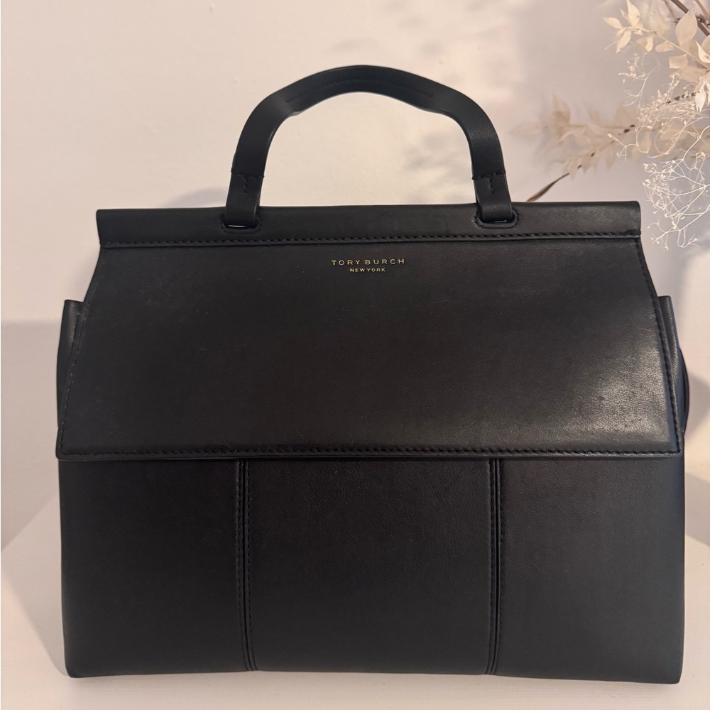 Tory Burch T-Block Leather Top Handle Satchel With Crossbody Strap in Black